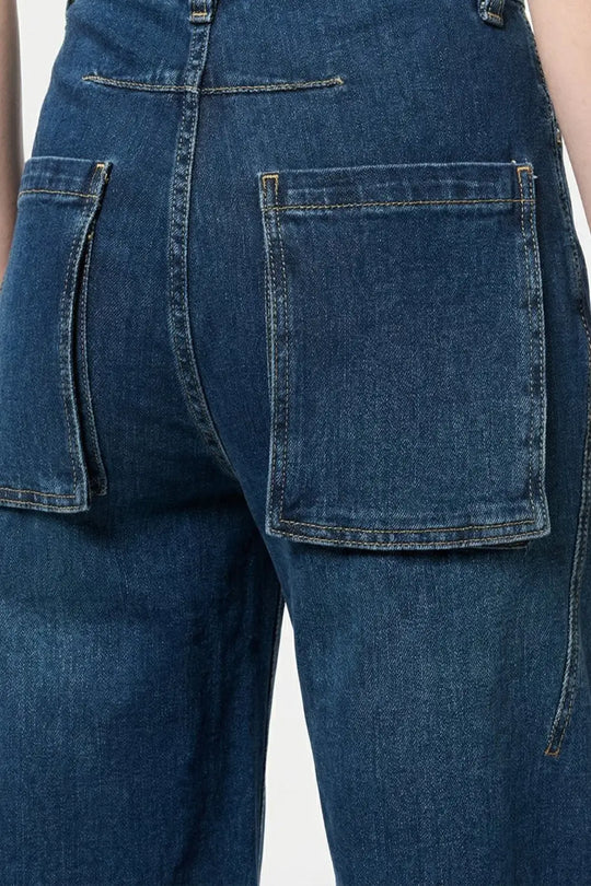 Jean classique à jambes larges en denim bleu avec couture - Pantalons