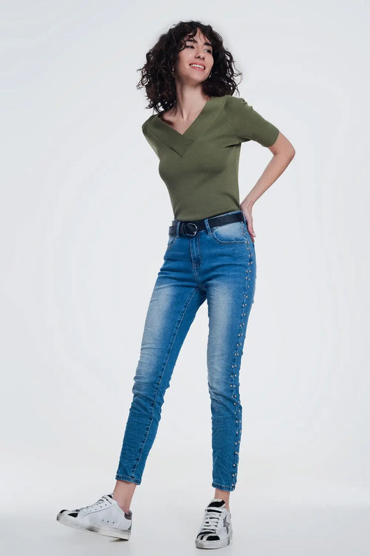 jean clouté en denim froissé - Pantalons