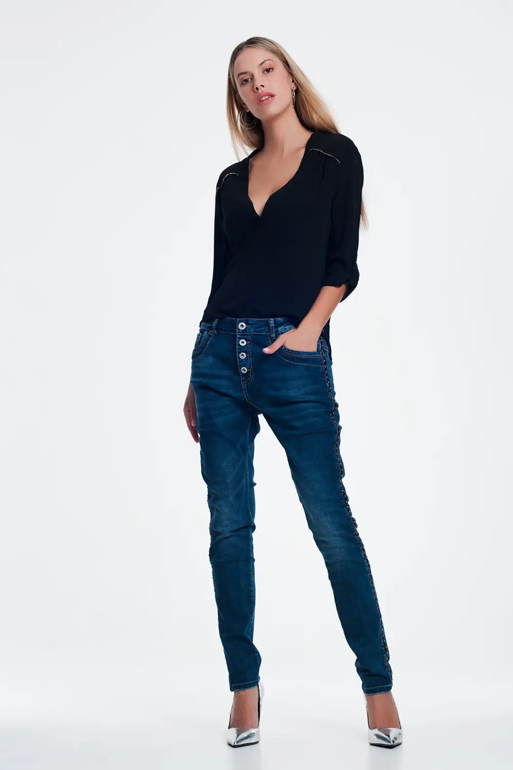 Jean clouté look cuir - Pantalons