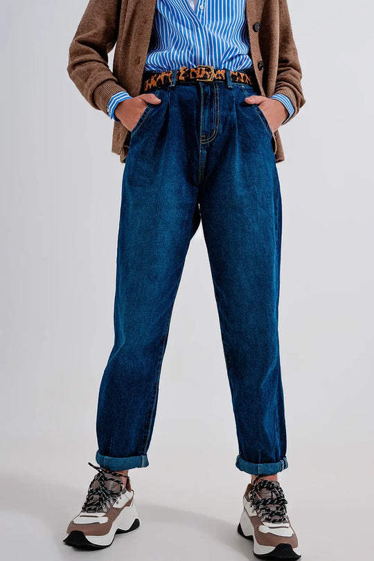 Jean coupe carotte ovoïde à pinces bleu moyen - Pantalons