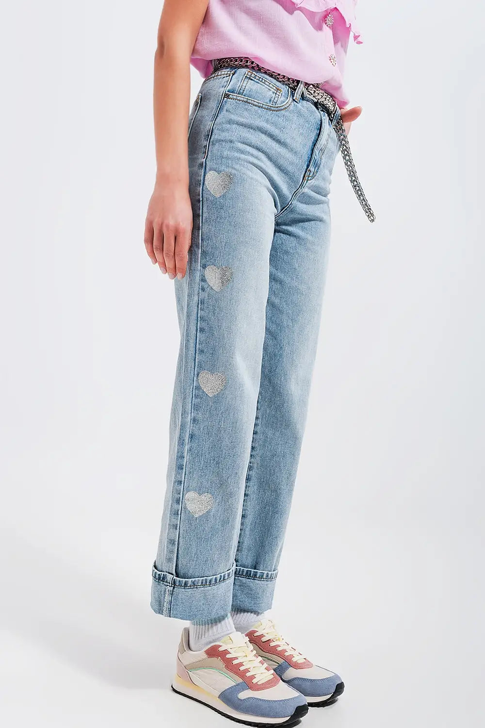Jean coupe style années 90 à imprimé cœurs - Pantalons