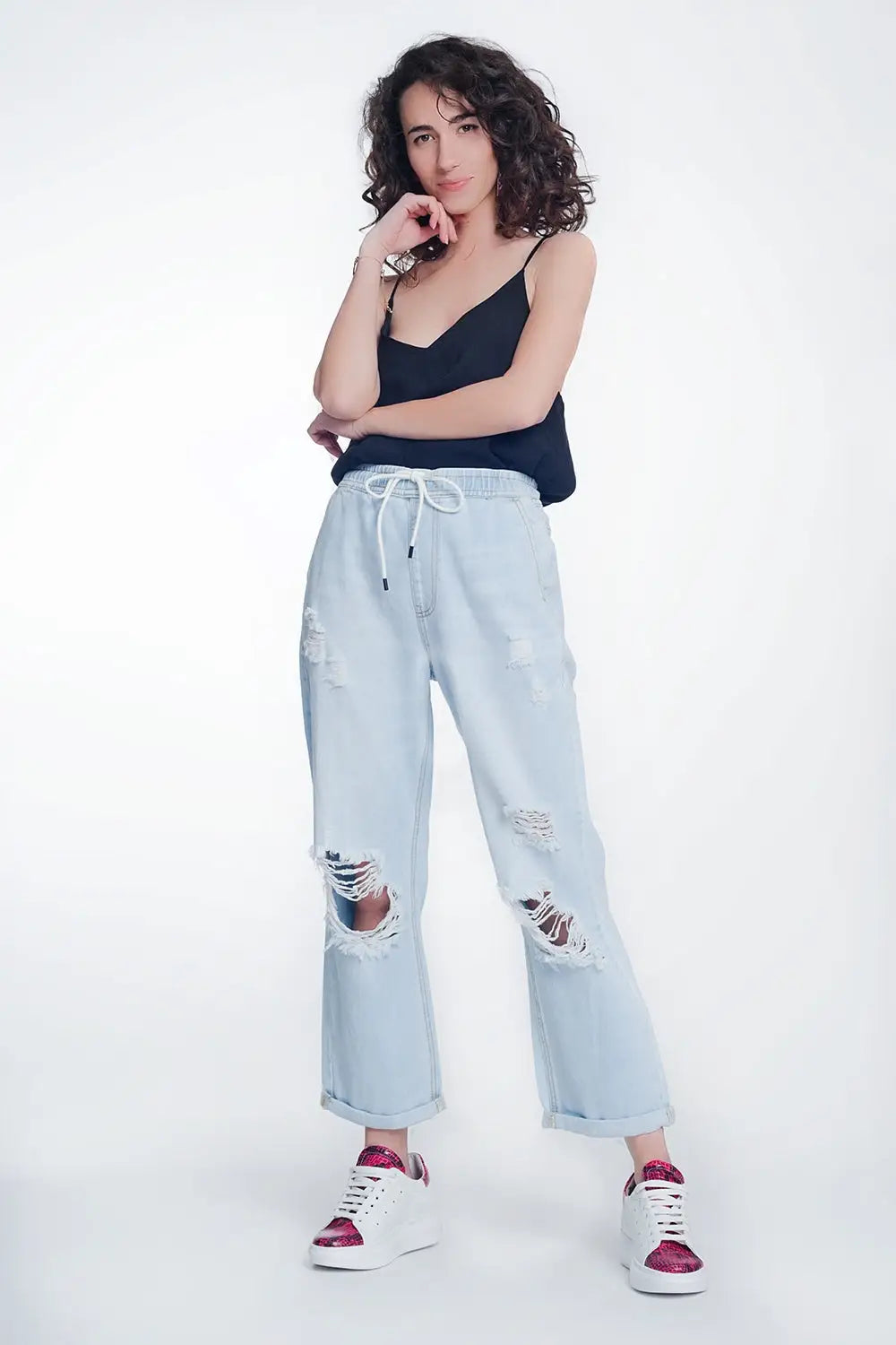 Jean court et droit à taille haute bleu clair délavé - Pantalons