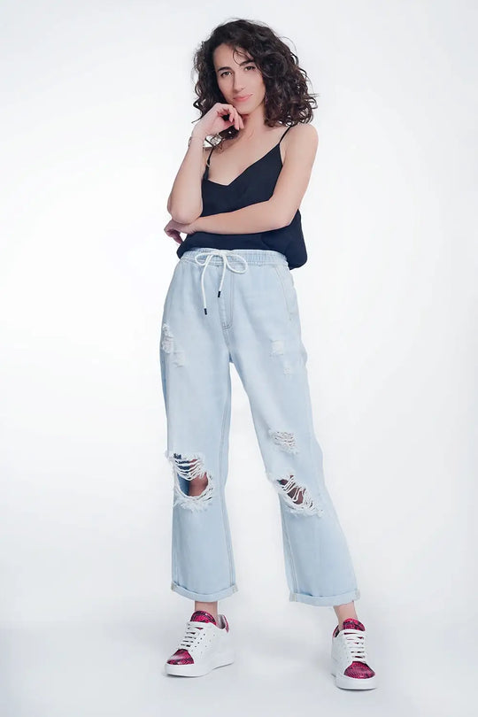Jean court et droit à taille haute bleu clair délavé - Pantalons