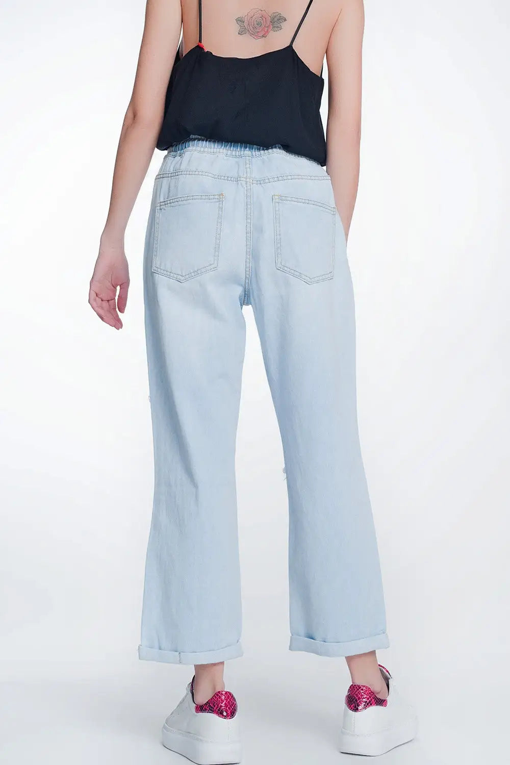 Jean court et droit à taille haute bleu clair délavé - Pantalons