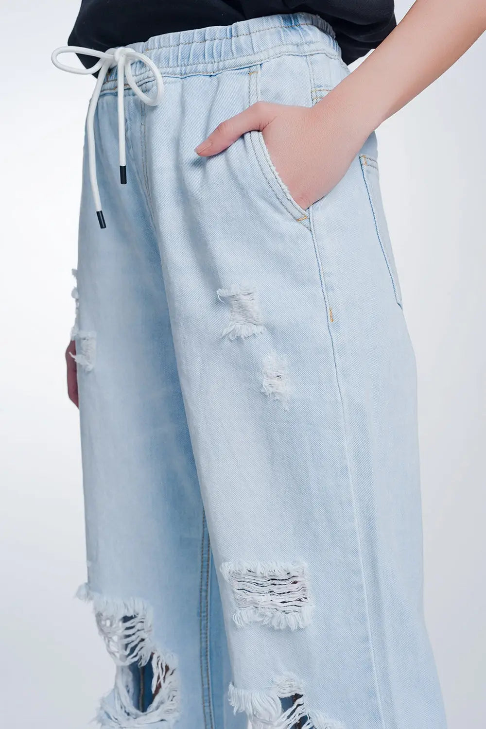 Jean court et droit à taille haute bleu clair délavé - Pantalons