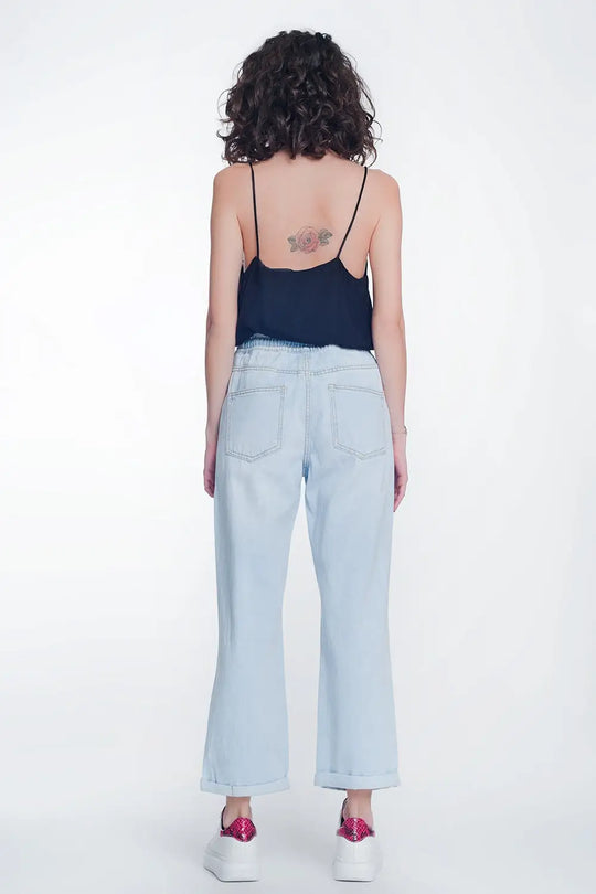 Jean court et droit à taille haute bleu clair délavé - Pantalons