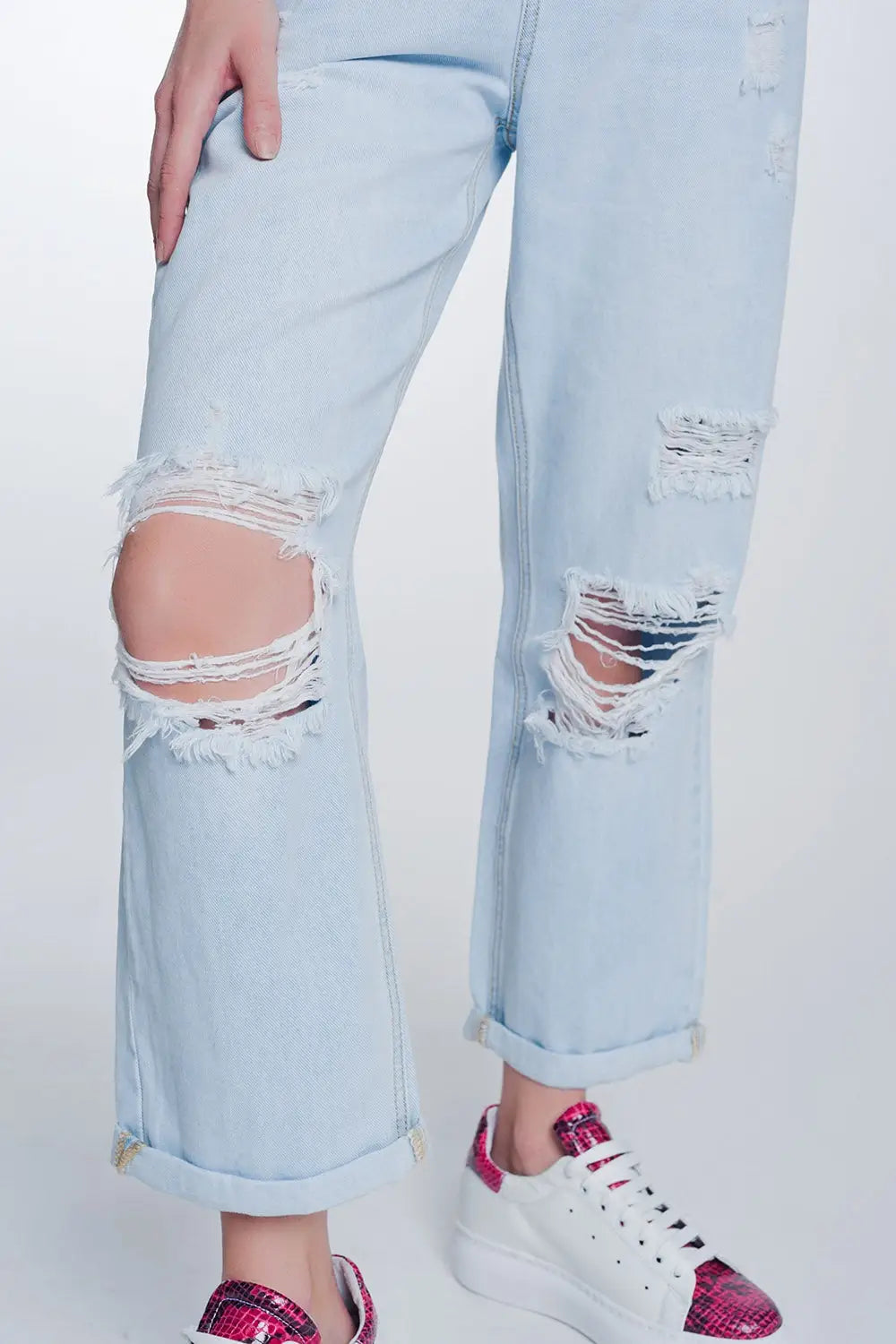 Jean court et droit à taille haute bleu clair délavé - Pantalons