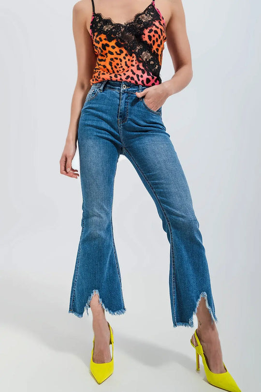Jean court évasé - Bleu moyen délavé - Pantalons