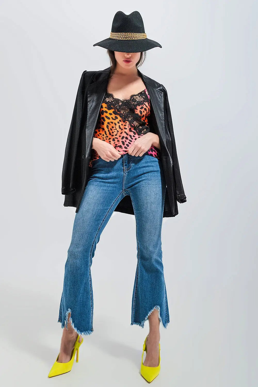 Jean court évasé - Bleu moyen délavé - Pantalons