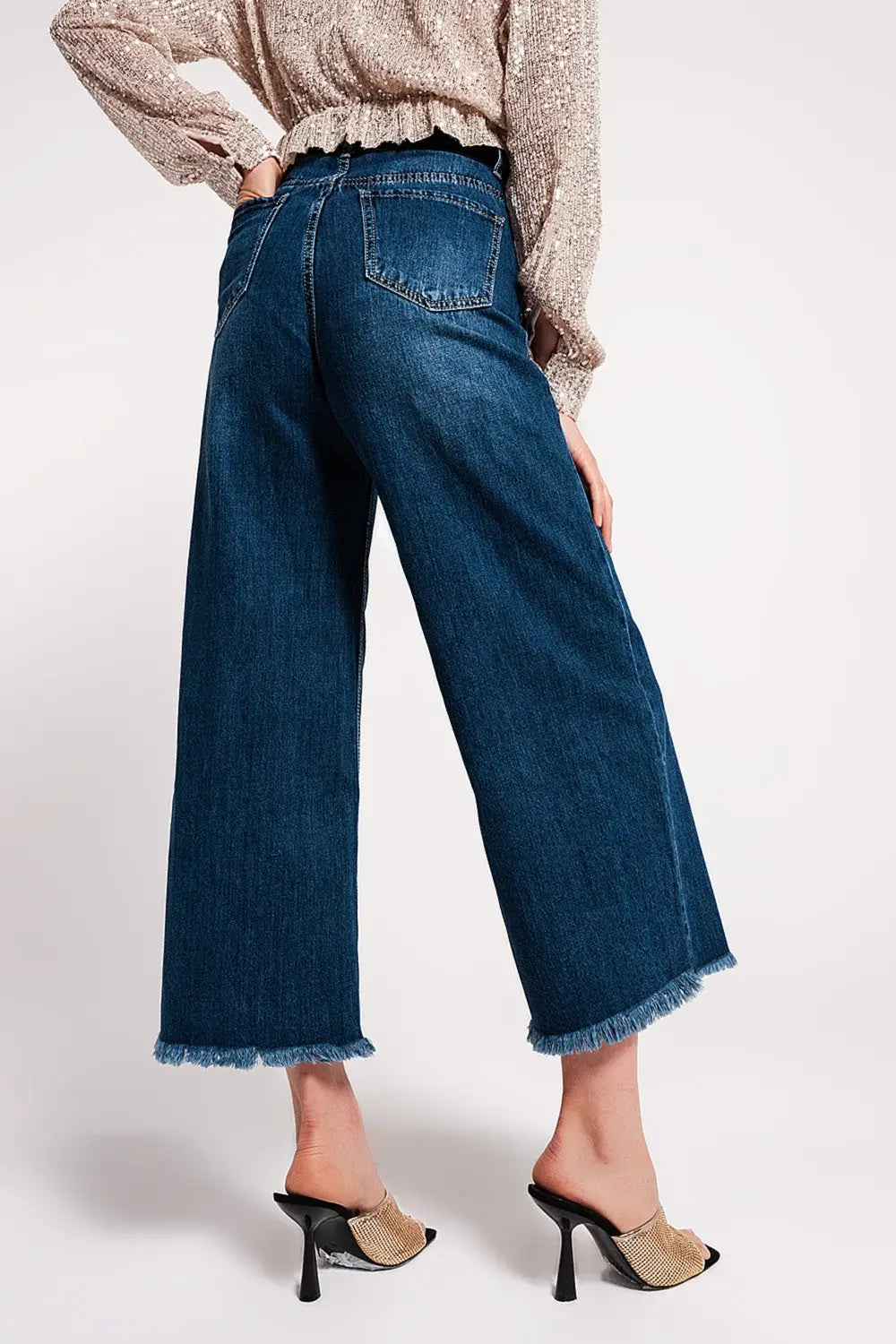 Jean Cropped déchiré avec ourlet à franges Bleu - Pantalons