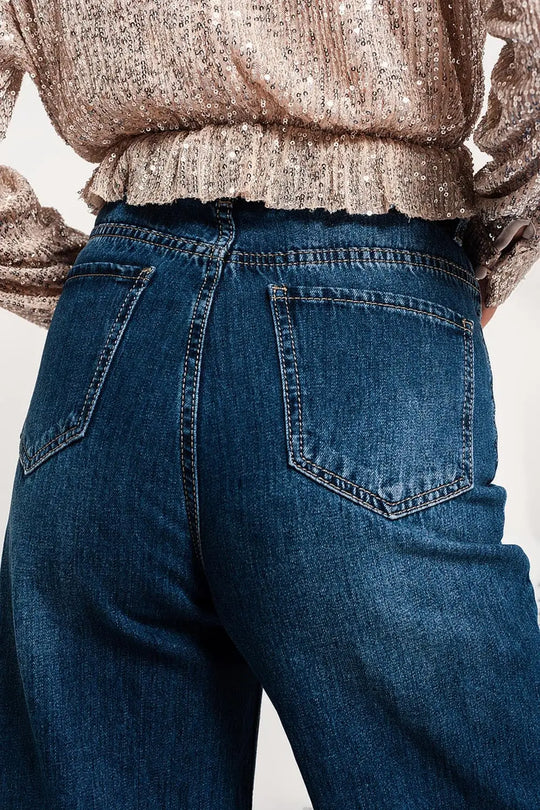 Jean Cropped déchiré avec ourlet à franges Bleu - Pantalons