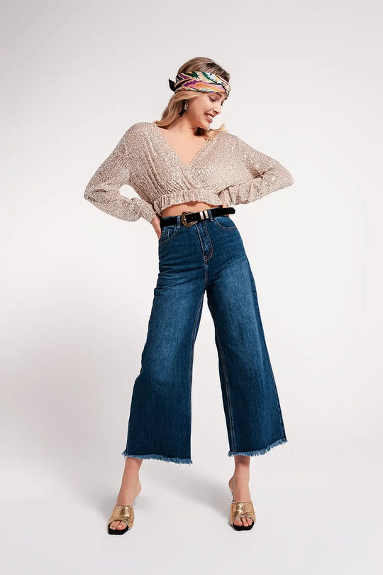 Jean Cropped déchiré avec ourlet à franges Bleu - Pantalons