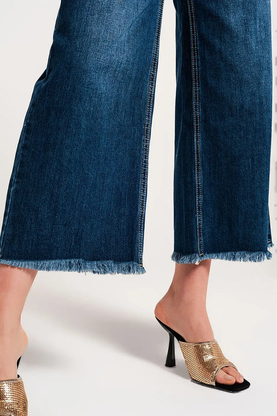 Jean Cropped déchiré avec ourlet à franges Bleu - Pantalons