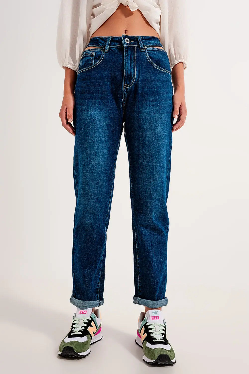 Jean cut out slim à taille haute de couleur bleue - Pantalons