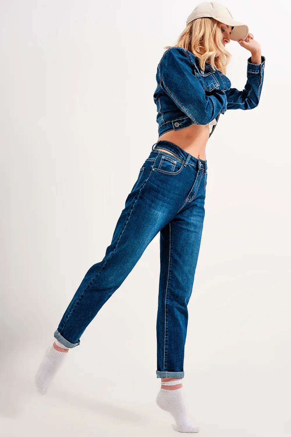 Jean cut out slim à taille haute de couleur bleue - Pantalons
