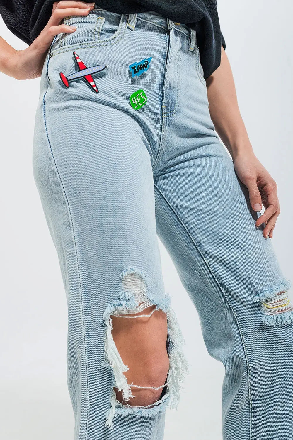 Jean déchiré avec empiècements Délavage clair - Pantalons