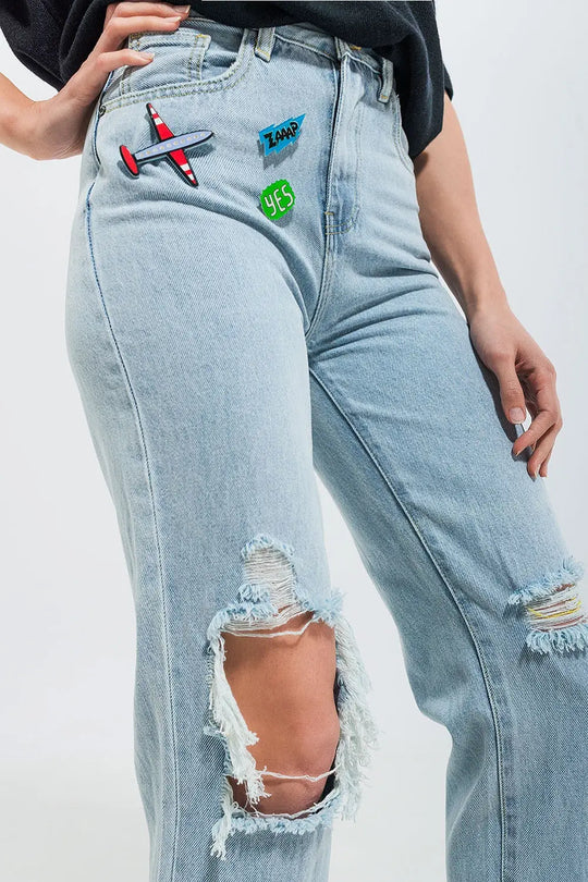 Jean déchiré avec empiècements Délavage clair - Pantalons