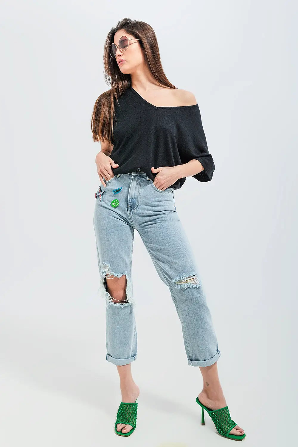 Jean déchiré avec empiècements Délavage clair - Pantalons