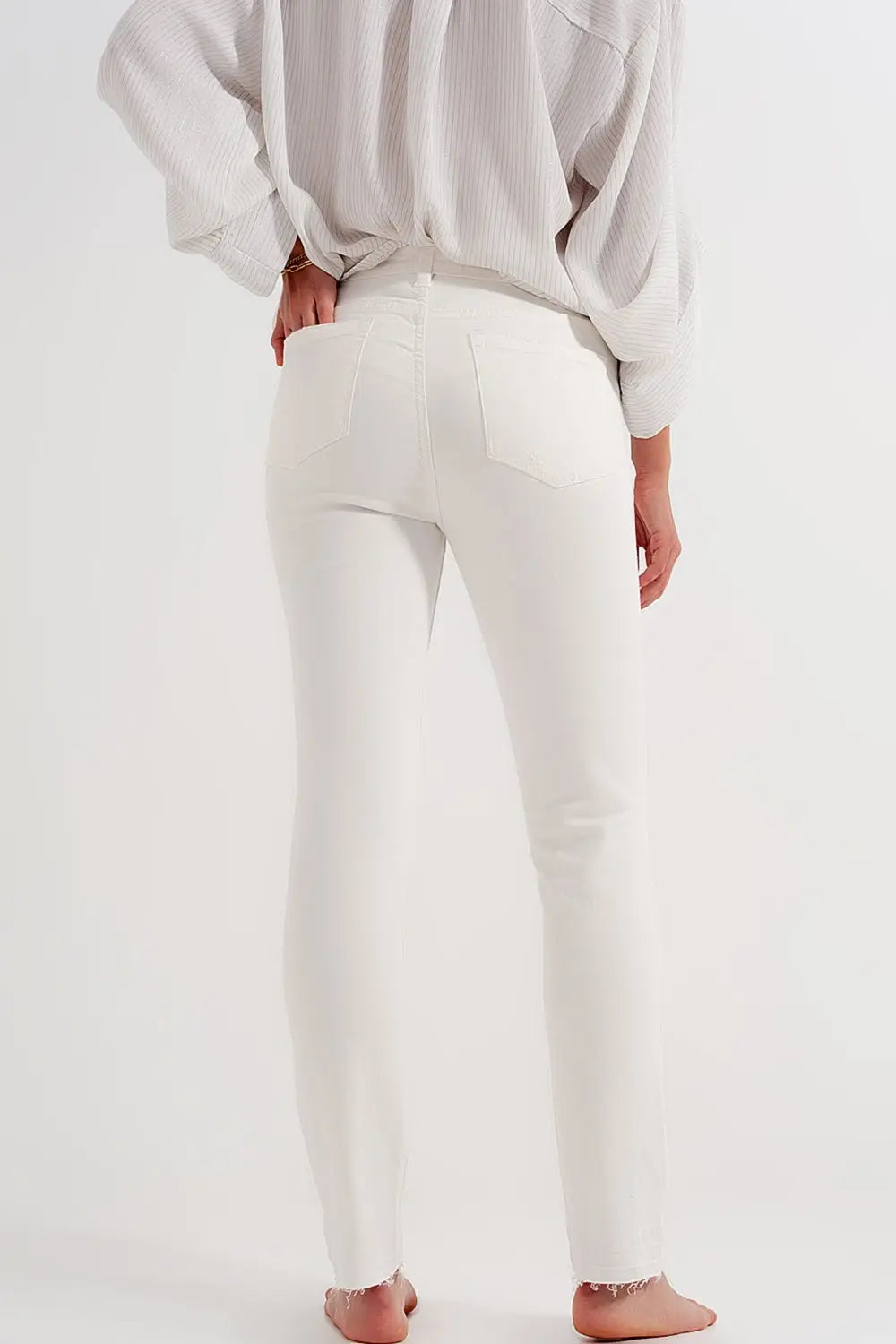 Jean déchiré avec ourlet à franges crème - Pantalons