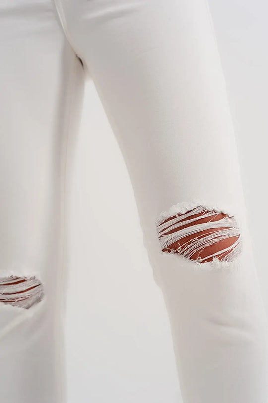 Jean déchiré avec ourlet à franges crème - Pantalons