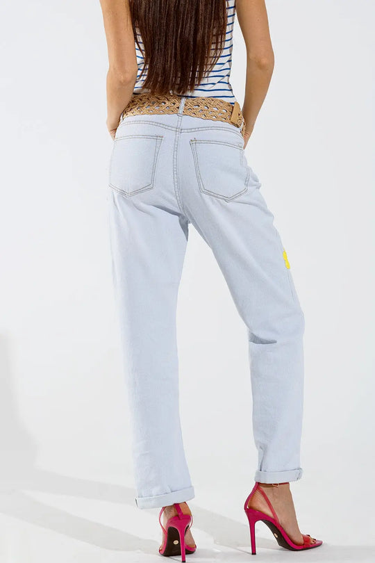 Jean décontracté blanchi à motifs floraux multicolores - Pantalons