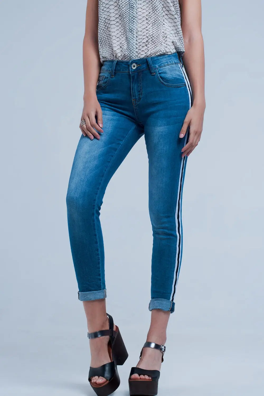 Jean denim à bande sur le côté - Pantalons