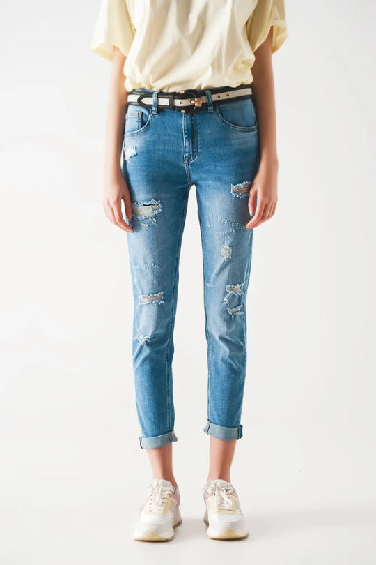 Jean droit à déchirures Bleu moyen - Pantalons