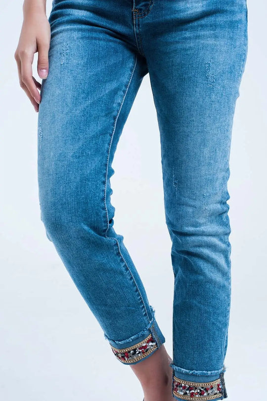 Jean droit à la cheville avec détail en cristal - Pantalons