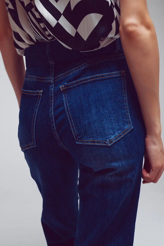 Jean droit à ourlet plié en bleu moyen délavé - Pantalons