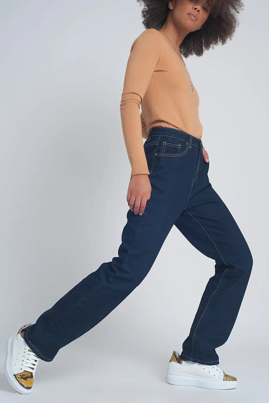 Jean droit à taille haute Bleu foncé - Pantalons