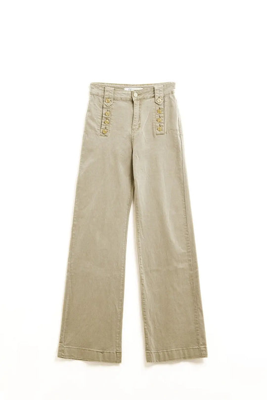 Jean droit avec boutons dorés sur le côté en beige - Pantalons