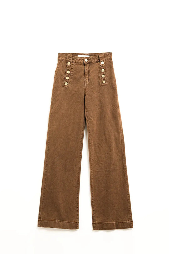Jean droit avec boutons dorés sur le côté en camel - Pantalons