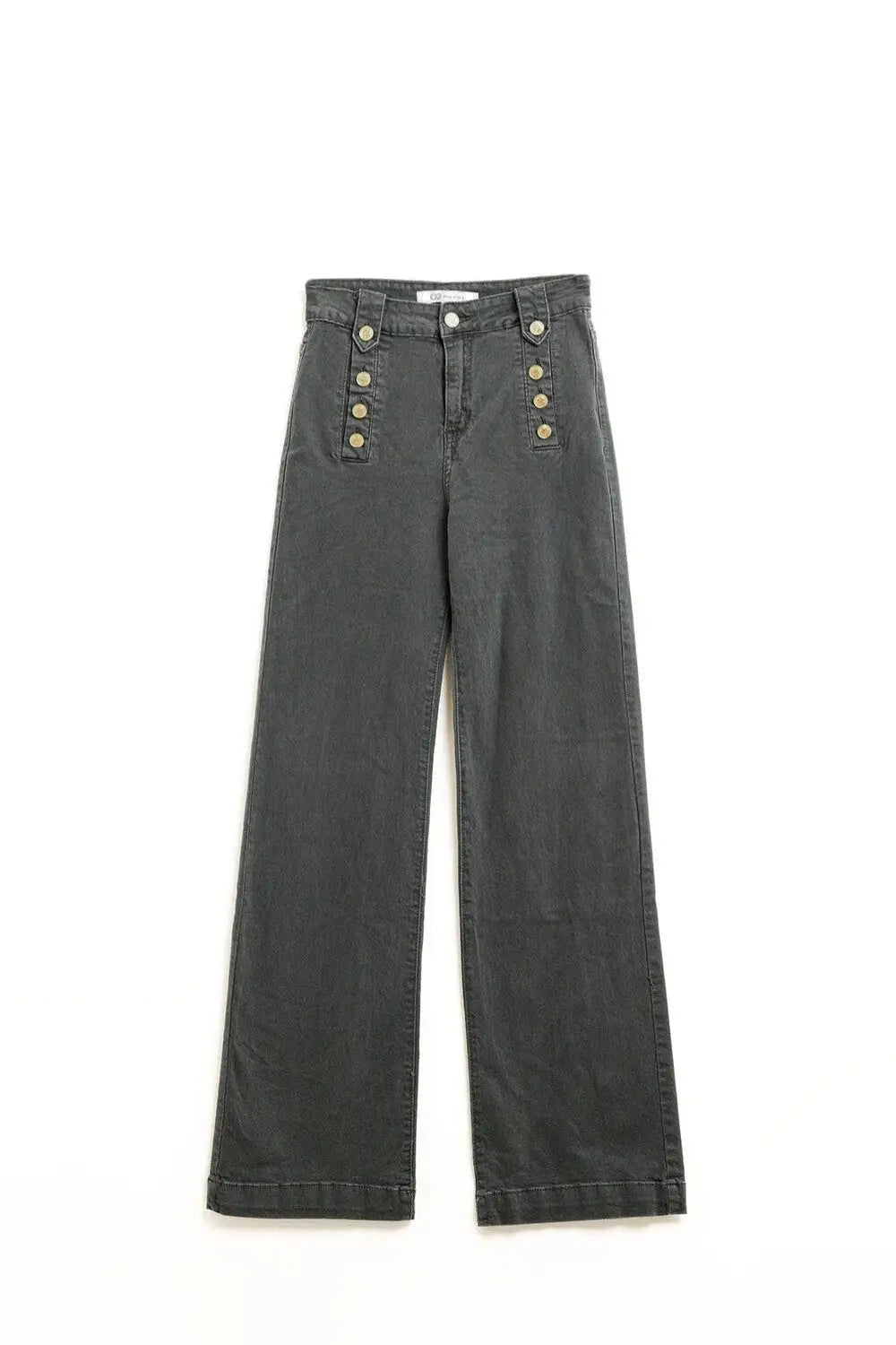 Jean droit avec boutons dorés sur le côté en gris foncé - Pantalons
