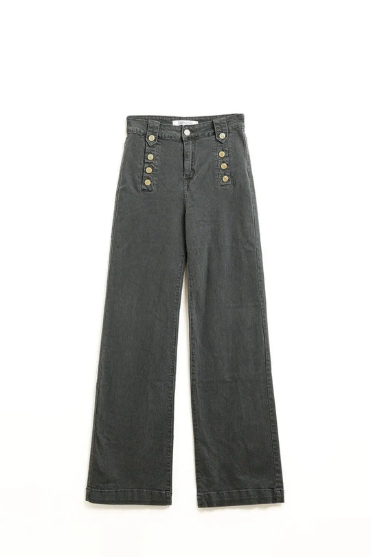 Jean droit avec boutons dorés sur le côté en gris foncé - Pantalons
