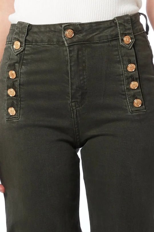 Jean droit avec boutons dorés sur le côté en kaki - Pantalons