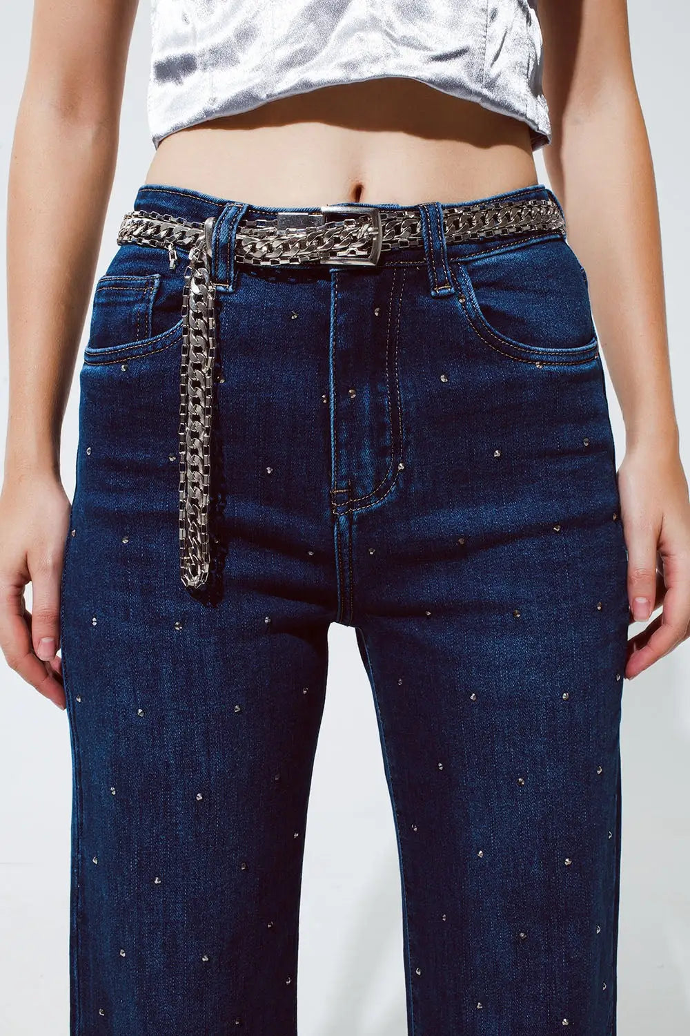 Jean droit avec détail strass en bleu - Pantalons