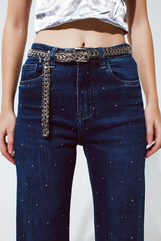 Jean droit avec détail strass en bleu - Pantalons