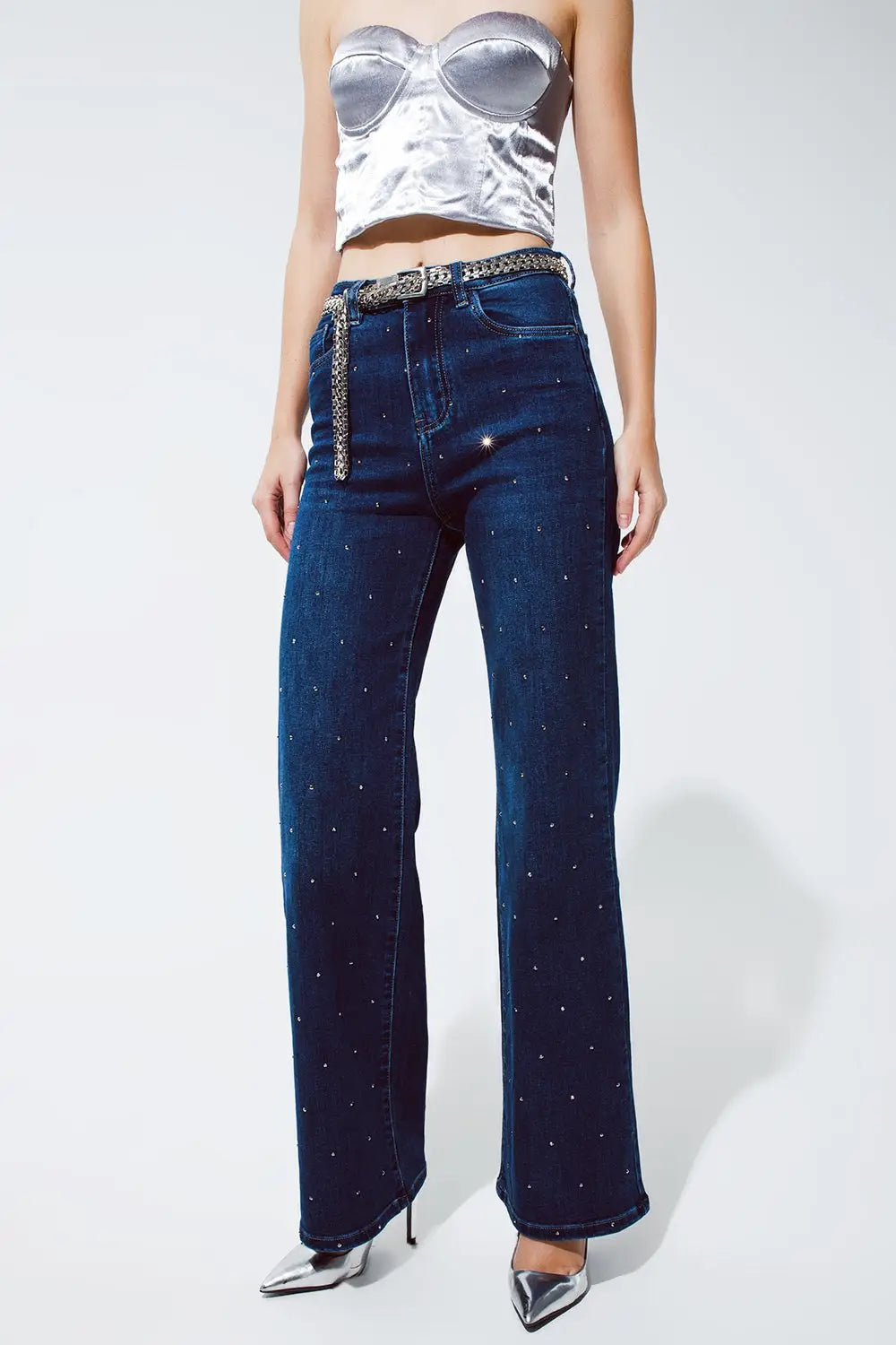 Jean droit avec détail strass en bleu - Pantalons