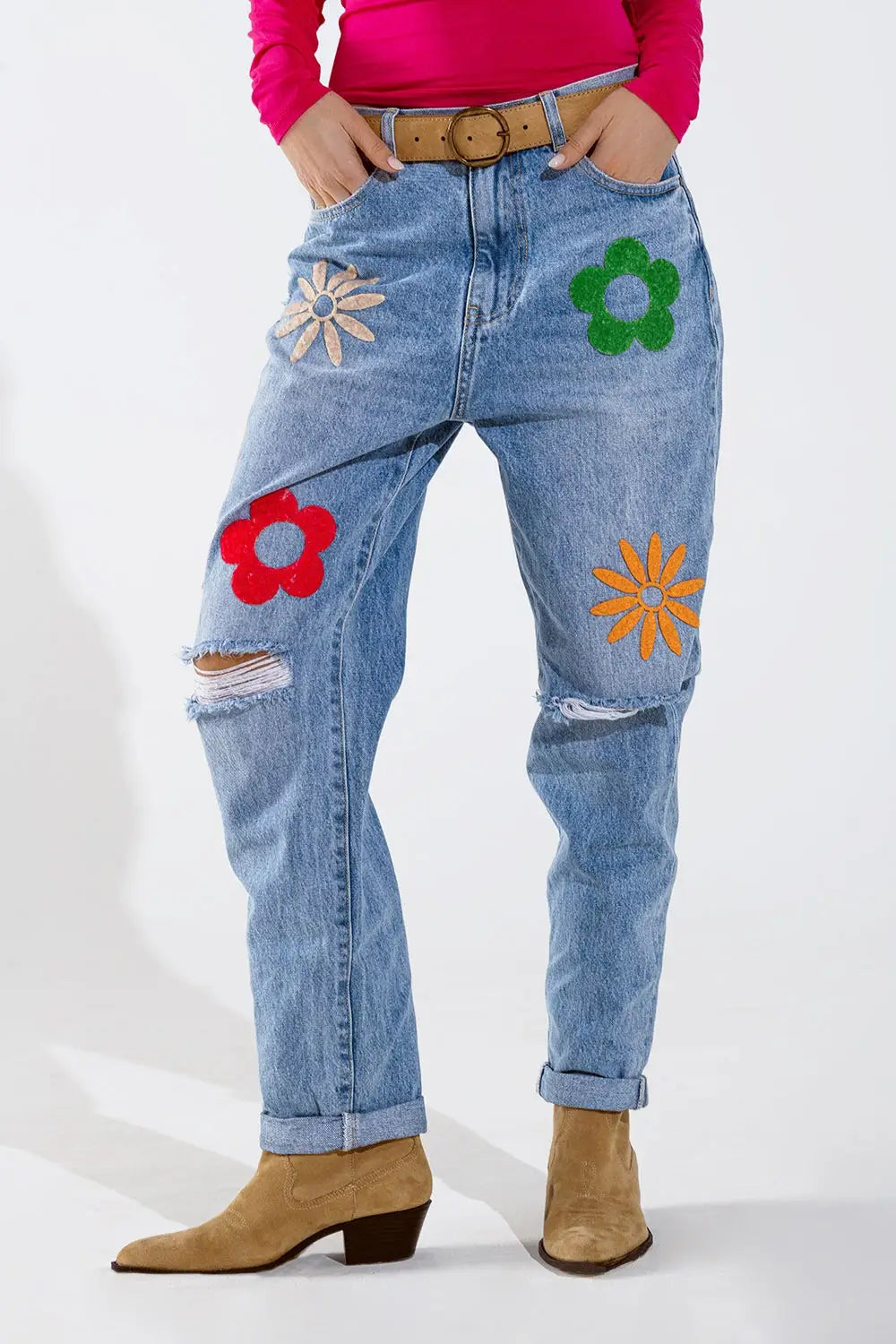 Jean droit avec fleurs en bleu délavé - Pantalons