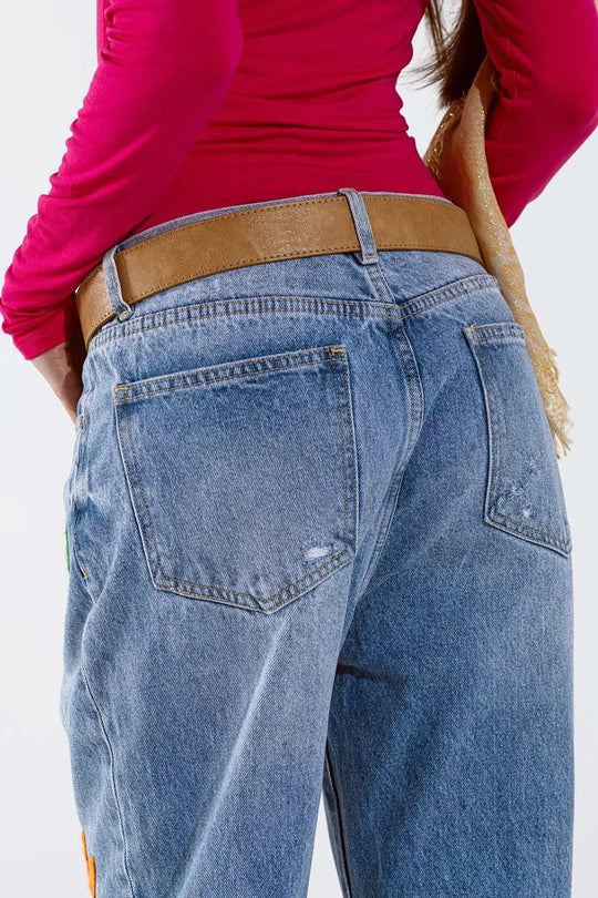 Jean droit avec fleurs en bleu délavé - Pantalons