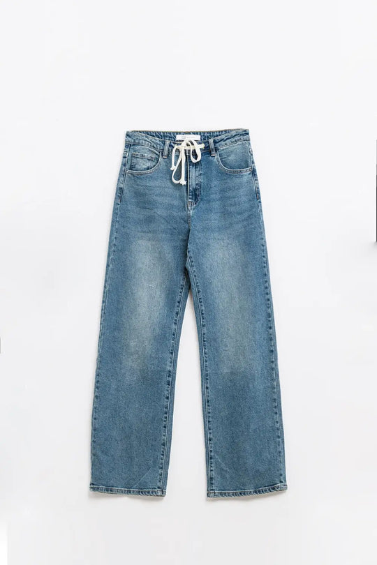 Jean droit bleu avec cordon de serrage - Pantalons