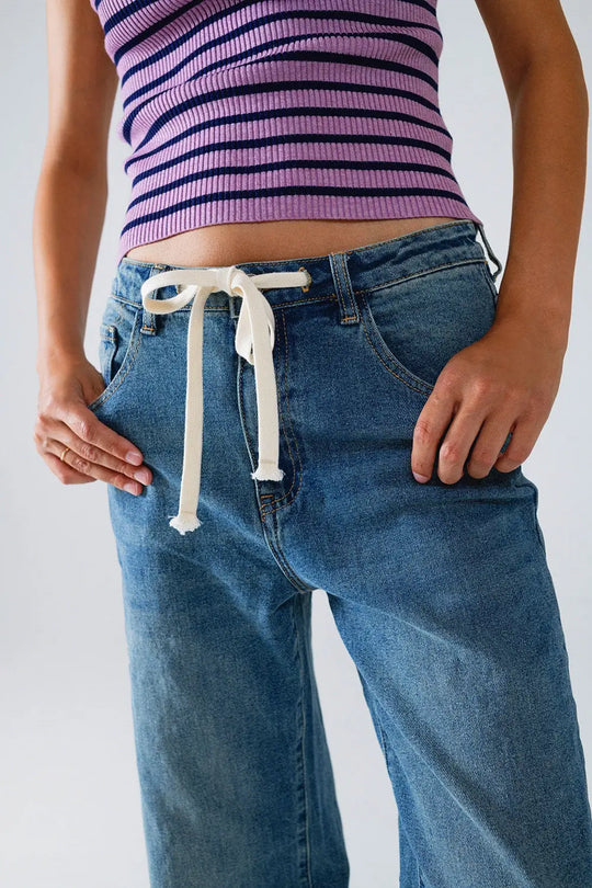Jean droit bleu avec cordon de serrage - Pantalons