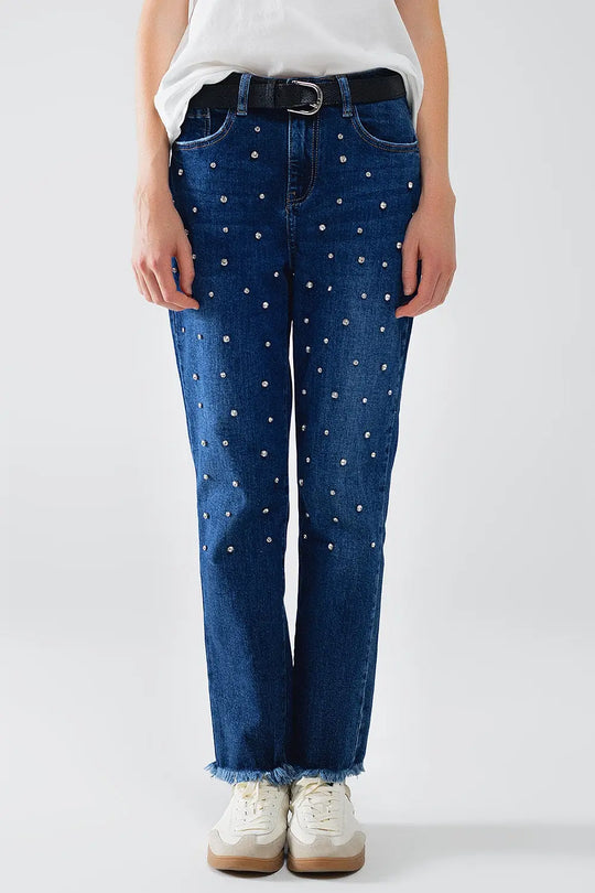 Jean droit bleu avec strass sur le devant et extrémités effilochées - Pantalons