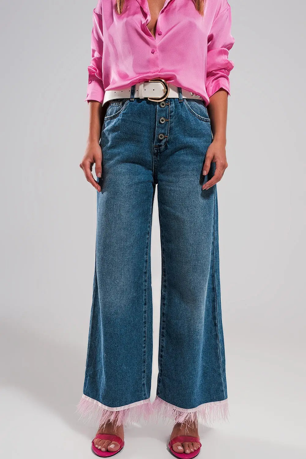 Jean droit d’ensemble avec ourlet à plumes ROSE synthétiques - Pantalons