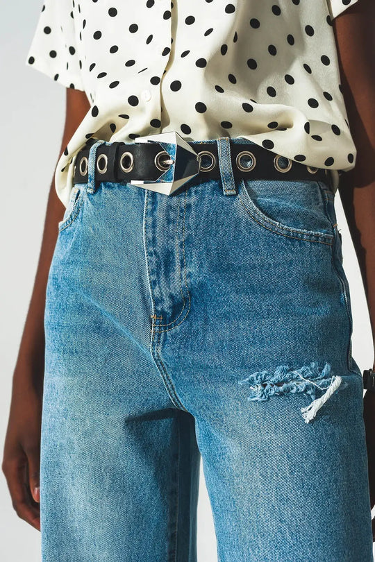 Jean droit déchiré à ourlet fendu Délavage moyenne - Pantalons