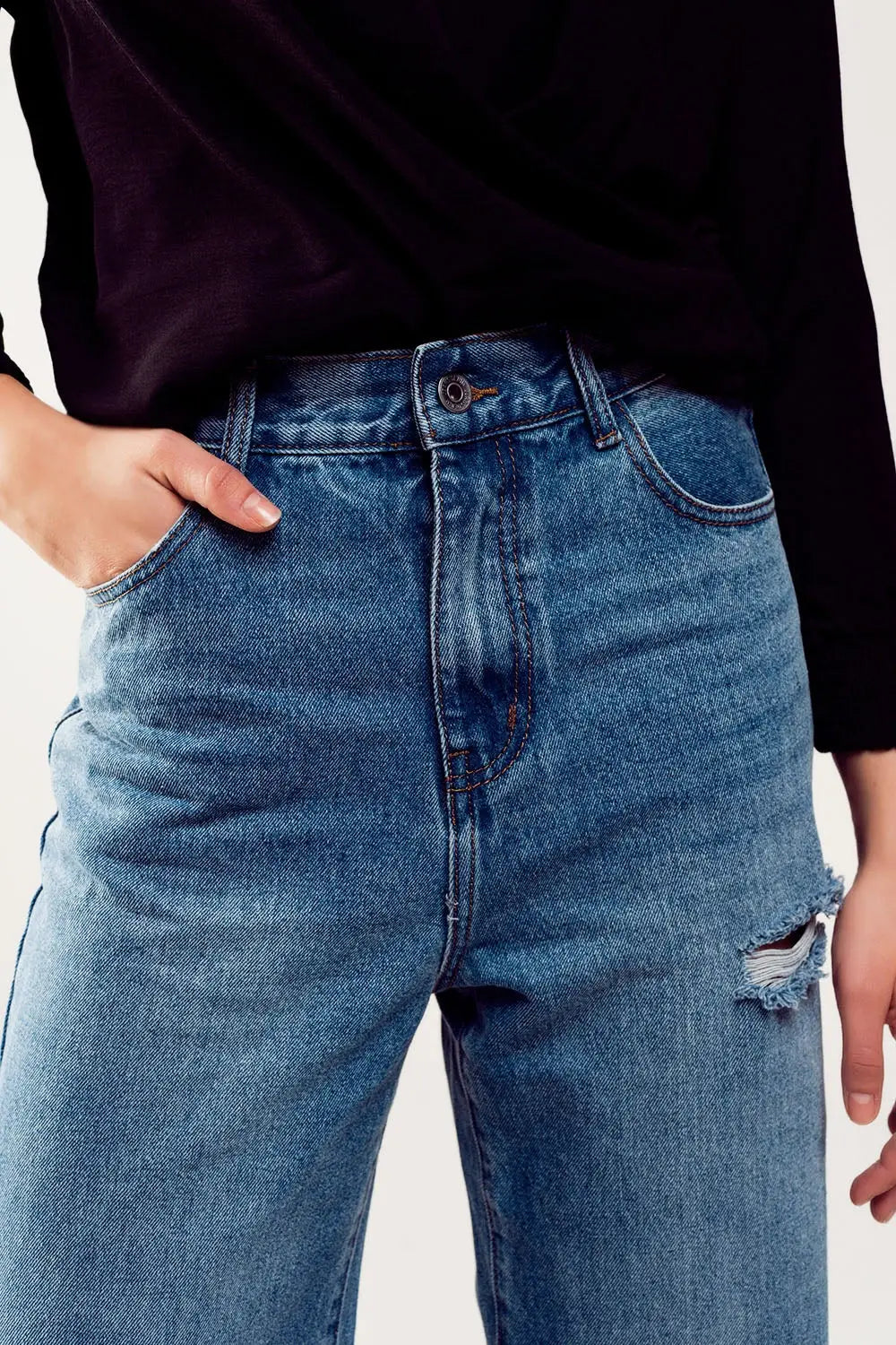 Jean droit déchiré aux genoux Bleu délavé - Pantalons