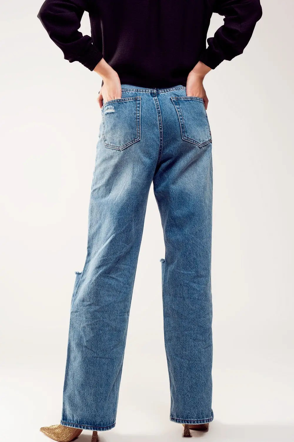 Jean droit déchiré aux genoux Bleu délavé - Pantalons