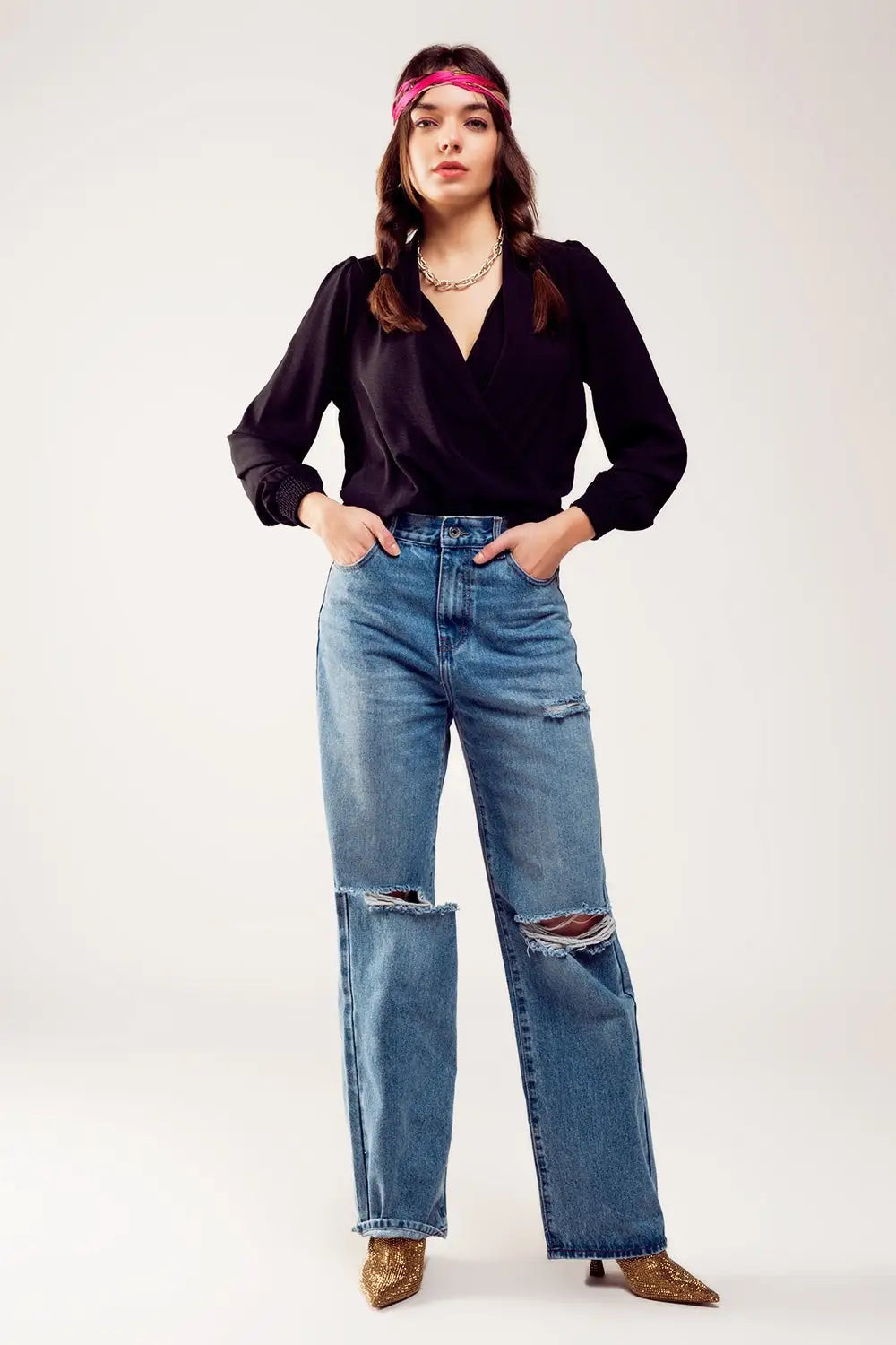 Jean droit déchiré aux genoux Bleu délavé - Pantalons