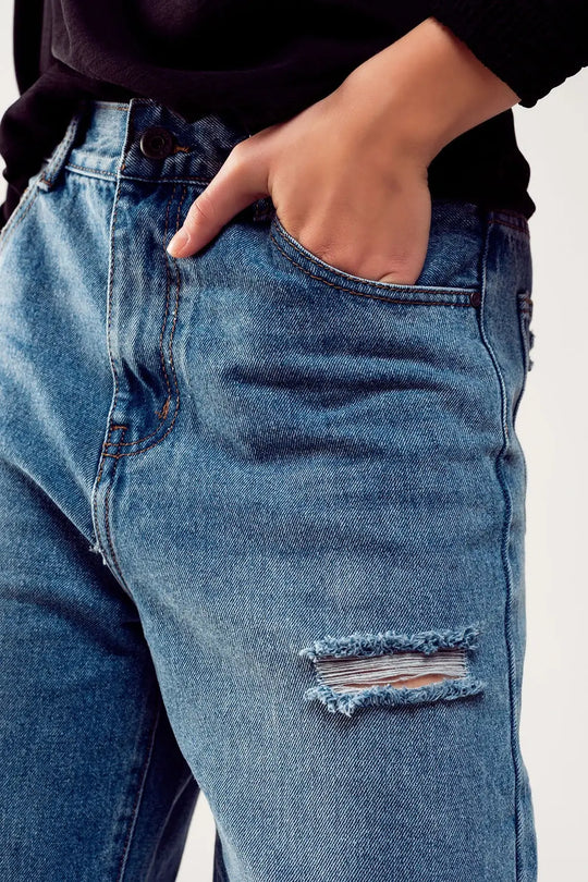Jean droit déchiré aux genoux Bleu délavé - Pantalons