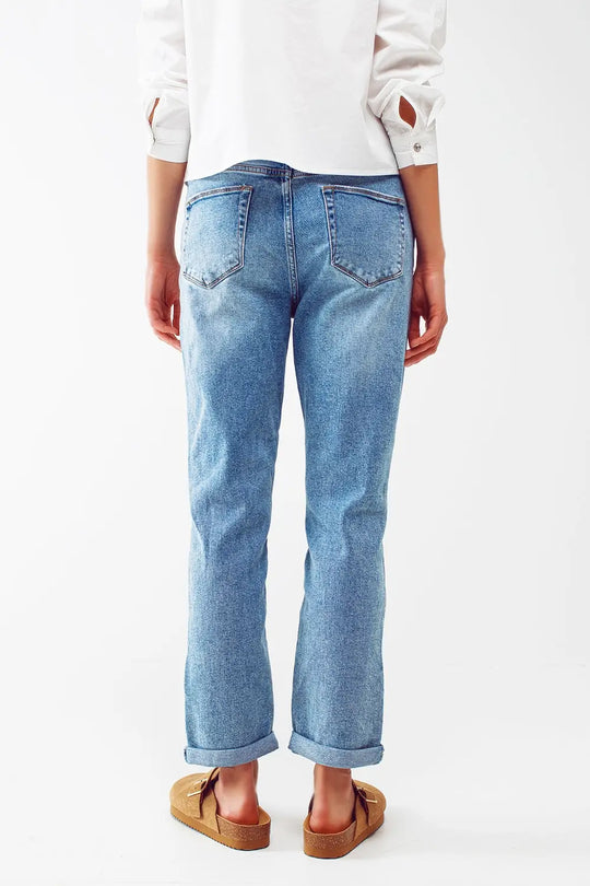 Jean droit déchiré aux genoux Bleu - Pantalons